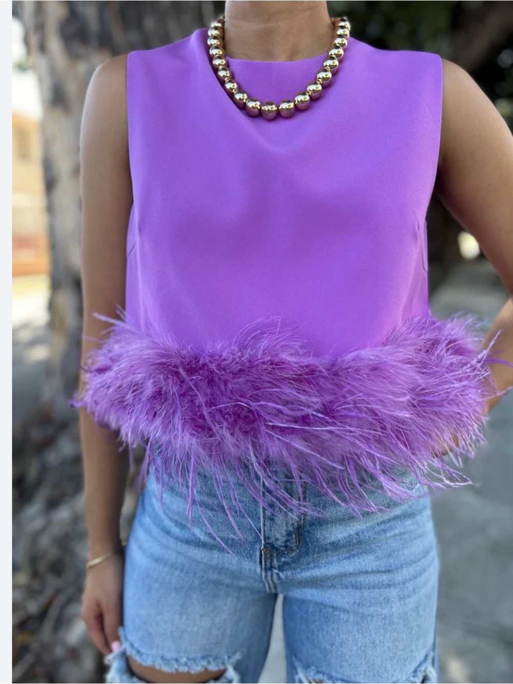 La Rossi Purple Feather Trim Crop Top